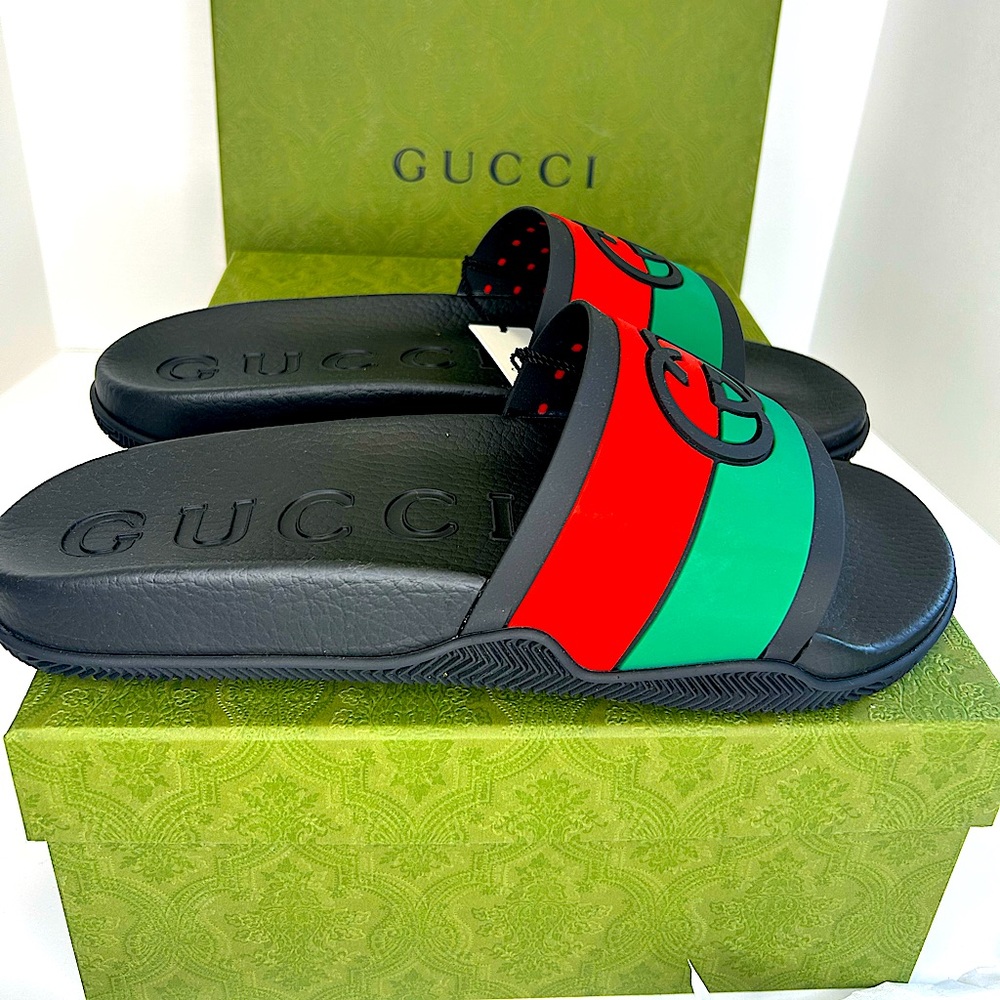 Gucci Black Slides with Red and Green Signature Stripe - Picture 4 of 16